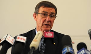 Retired Australian air chief marshall Angus Houston speaks about the missing Malaysia Airlines flight MH370 at a press conference on 1 April.