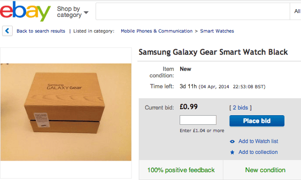 eBay listing for Samsung Galaxy Gear watch