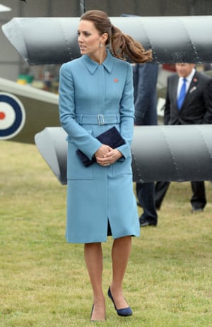 Britain's Catherine, Duchess of Cambridge looks at a static WWI display, April 10, 2014