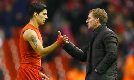 "Emma's mum is here - watch the swearing,"  Liverpool manager Brendan Rodgers has a word with Luis Suarez   Mandatory Credit: Action Images / Jason Cairnduff