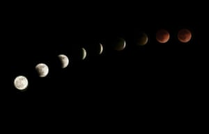 A digital composite shows the moon as it nears a total lunar eclipse in Venice, California
