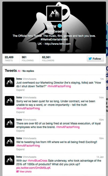 Screenshot of HMV's Twitter feed as an angry employee tweeted about being sacked.