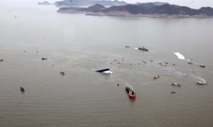 South Korean rescue team boats and fishing boats surround the sinking ferry south of Seoul.