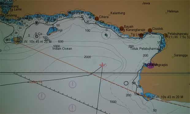 Navigational chart showing the co-ordinates of the Ocean Protector