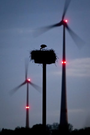 A stork stands in his nest amid turning wind turbines near Schoeneck, Germany