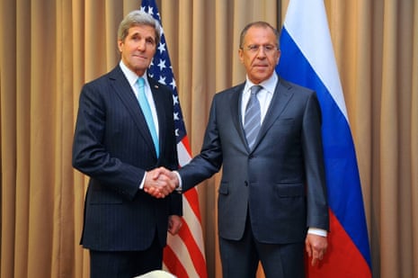 U.S. Secretary of State John Kerry (L) shakes hand with Russian Foreign Minister Sergei Lavrov during their bilateral talks before the talks on Ukraine issue on April 17, 2014 in Geneva, Switzerland.