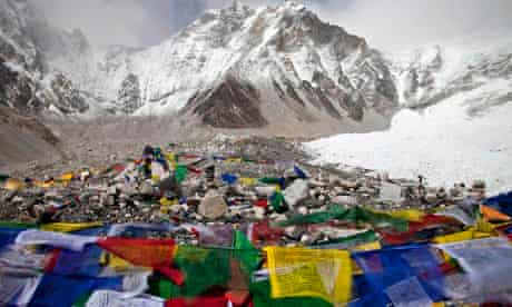 Everest base camp, with Buddhist prayer flags in the foreground