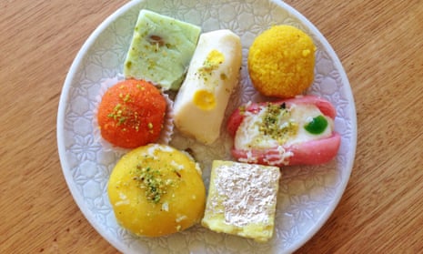 Assorted traditional Indian sweet treats from Bikaner Sweet and Curry Cafe.