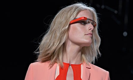 A model displays new product Google Glasses 