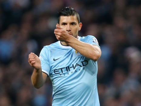 Sergio Agüero celebrates after scoring the second goal for Manchester City.