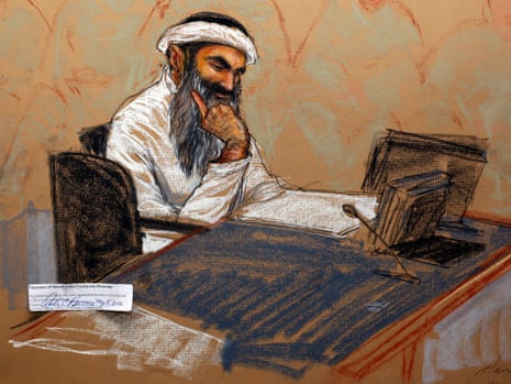 Khalid Sheikh Mohammed in a Guantánamo courtroom sketch.