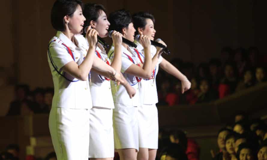 Singers of the Moranbong Band perform on stage in Pyongyang, North Korea.