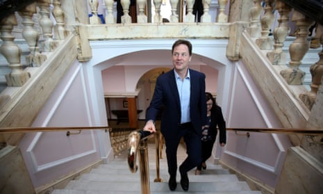 Nick Clegg arriving (late) for the Lib Dem European election campaign launch at the Moot Hall in Colchester Town Hall, Essex.