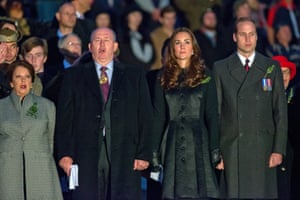 His Excellency General The Honourable Sir Peter Cosgrove AK, MC Governor-General of Australia and his wife Lady Lynne Cosgrove with The Duke and Duchess of Cambridge at the Anzac dawn service