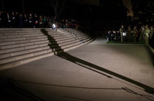 The silhouette of a soldier at the Canberra Anzac dawn service