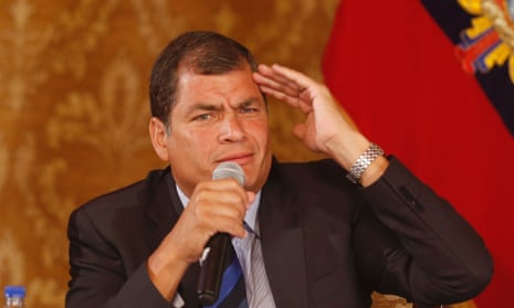 Ecuador's president Rafael Correa speaks to members of the foreign press at the government palace in Quito, Ecuador.