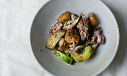Nigel Slater's rabbit, new potatoes and sherry vinegar in two bowls
