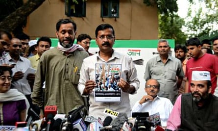 Arvind Kejriwal, the leader of India's Aam Admi party, releases his election manifesto in New Delhi
