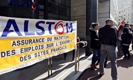 Protesters outside Alstom's headquarters