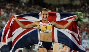 Britain's Jessica Ennis celebrates after winning the women's heptathlon at the European Athletics Championships in Barcelona, Spain, in July 2010