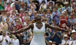 American Serena Williams reacts after defeating Victoria Azarenka of Belarus during a semi-final at the All England Lawn Tennis Championships at Wimbledon in 2012