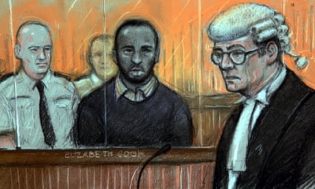 A court sketch shows Nicholas Jacobs (centre) at the Old Bailey in London, during his trial for the  murder of PC Keith Blakelock