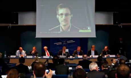 Edward Snowden speaks via video link with members of the Council of Europe, in Strasbourg.
