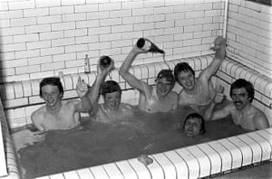 Bath time: Liverpool players celebrate in the bath