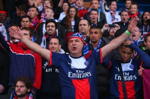 PSG fans sing before the Uefa Champions League Quarter Final second leg match between Chelsea and Paris St-Germain at Stamford Bridge.