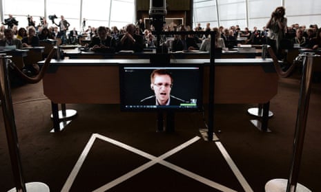 Edward Snowden speaks to European officials via videoconference during a parliamentary hearing on mass surveillance.