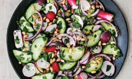 Radish, cucumber and red onion salad with mint and orange blossom dressing