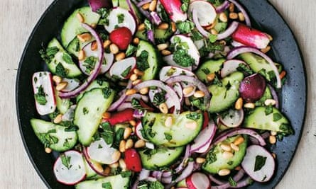 Radish, cucumber and red onion salad with mint and orange blossom dressing