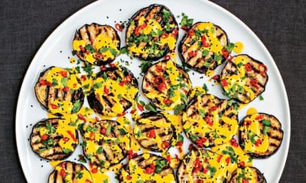 Chargrilled aubergines with saffron yoghurt, parsley and pickled chillies