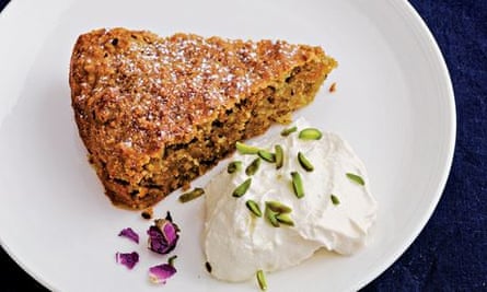 Spiced carrot, pistachio and almond cake with rosewater cream