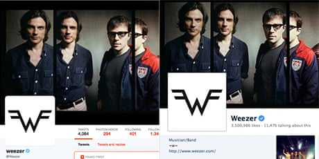 Facebook and Twitter profiles of American rock band Weezer: can you tell the difference?