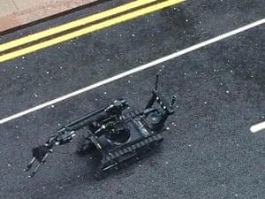 Bomb disposal robot sent to investigate suspicious package in Canary Wharf, London, Britain.