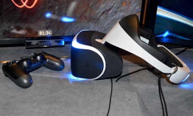 The headset in use for Sony's Project Morpheus sitting on a desk