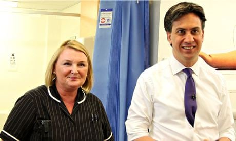 Ed Miliband with a staff member at Leighton hospital in Crewe