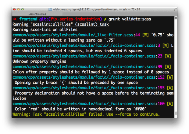 Warnings reported by scss-lint to developers in a terminal