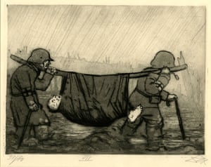 Otto Dix, Der Krieg. Der Krieg no.47 Transporting the Wounded in Houthulst Forest  (Verwundetentransport im Houthulster Wald) In the First World War, the automobile was put to work as an ambulance. Trains and steam ships carried wounded to home-front hospitals.  Despite such advances, a wounded man often relied on comrades to  get him off the field.