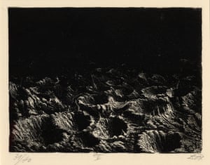 Otto Dix, Der Krieg. Der Krieg no.4 Crater field near Dontrien lit up by flares  (Trichterfeld bei Dontrien, von Leuchtkugeln erhellt) Already by plate number four we begin to understand this is no ordinary series of etchings. Throughout the series, Dix demonstrates a commanding use of print techniques with etching, dry point and aquatint. Here a night time flare illuminates a lunar landscape.