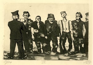 Der Krieg no.49 Roll Call of Returning Troops (Appell der Zurückgekehrten) The war took a great toll on all its participants. Here the living are barely distinguishable from the dead. They report to a well-fed administrative officer in a clean pressed uniform.