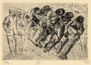 Der Krieg no.3 Gas victims - Templeux-la-Fosse, August 1916  (Gastote - Templeux-la-Fosse, August 1916) By 1924, people were aware of the horrors of gas but censored wartime reporting spared many from its ghastly details. Here the results are depicted with raw clarity of someone who was there. Indeed, much of Der Krieg was based on Dix's wartime diary drawings. Many were probably struck by the appearance of the victims, darkened for lack of oxygen and the nonchalance of the medical staff who had seen it many times before.