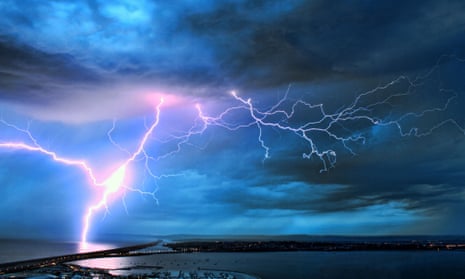 Stunning image of lightning over the Dorset coast during weekend storms after hot dry weather.