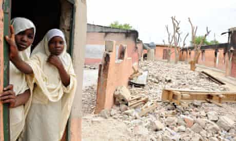 Female student stand in a school in Maiduguri, in northern Nigeria