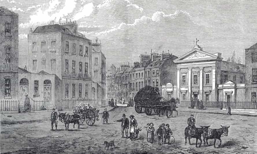 The Polygon of Somers Town, near Euston, from an 18th century etching. The building was demolished in the 1890s and a modern housing estate occupies the site.