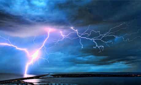 Lightning over the Dorset coast in the UK
