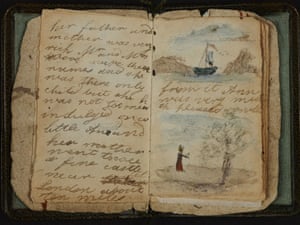 Earliest known writings of Charlotte Brontë. From circa 1826 091. Charlotte Bronte's earliest known writing, an illustrated short story written for her baby sister Anne, bound into a book covered with grey flowered wallpaper.