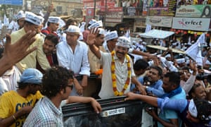 Delhi's former chief minister and Aam Aadmi (Common Man) Party (AAP) chief Arvind Kejriwal waves to his supporters during an election campaign rally in the northern Indian city of Varanasi last week.