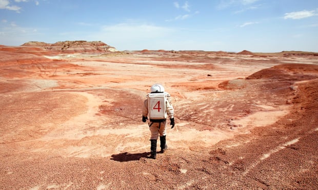 A researcher in a spacesuit on 'Mars', at the Mars Society Desert Research Station, Hanksville, Utah